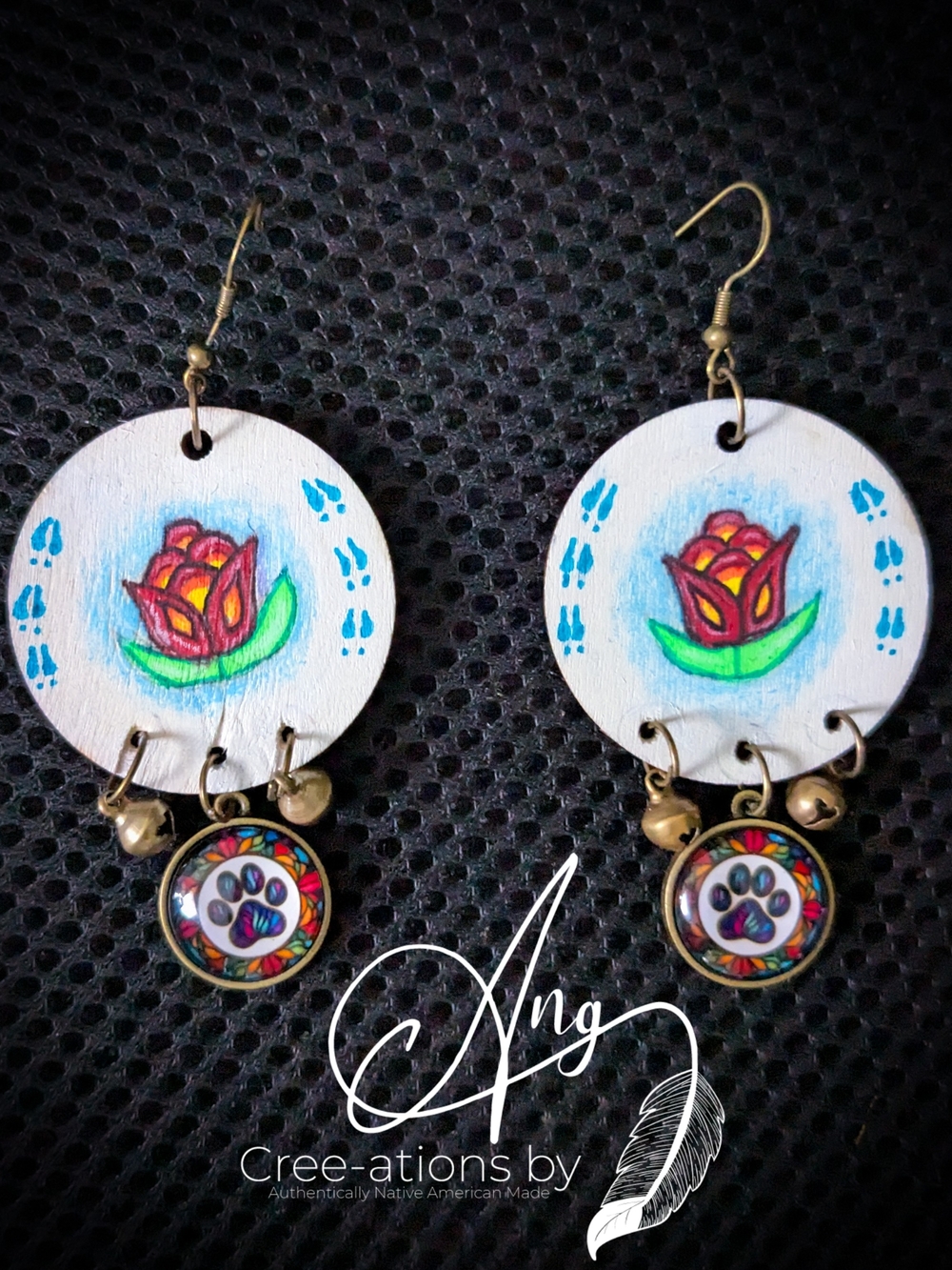 Hand-Painted Indigenous Floral Drop Earrings with Animal Paw Print Charm & Bells